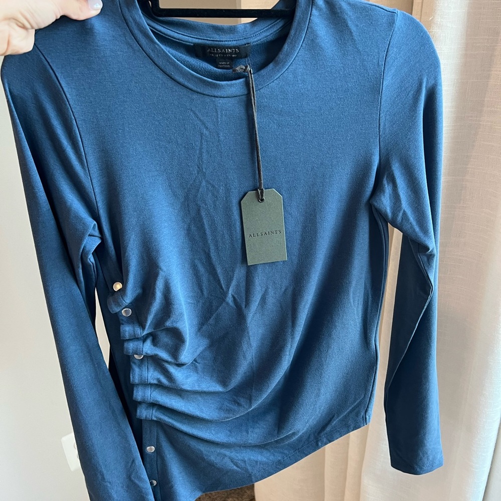 All Saints Teal-Blue Long Sleeve Button-Detail Top